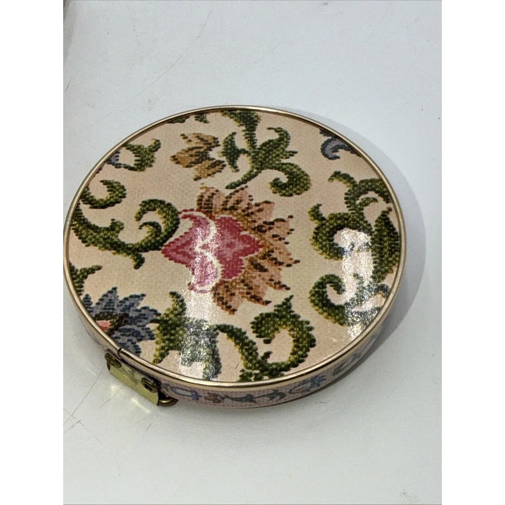 Vtg 60s Japan Round Folding Double-Mirror Compact W/Stand CrossStitch Floral Box